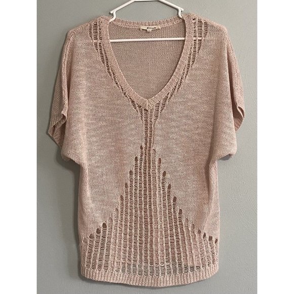 LA Made Linen Blend Small Sweater Crocheted Lightweight Blush Pink V-Neck - Picture 2 of 7